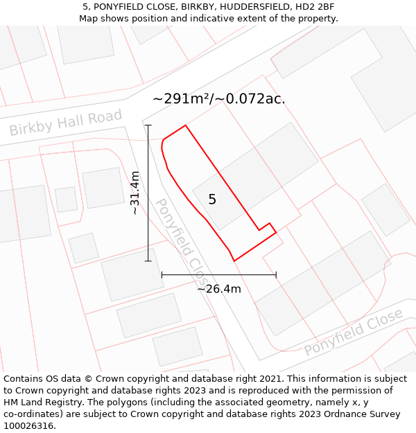 5, PONYFIELD CLOSE, BIRKBY, HUDDERSFIELD, HD2 2BF: Plot and title map