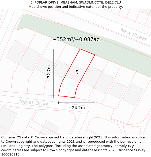 5, POPLAR DRIVE, MEASHAM, SWADLINCOTE, DE12 7LU: Plot and title map