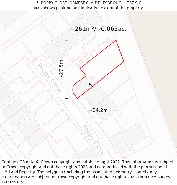 5, POPPY CLOSE, ORMESBY, MIDDLESBROUGH, TS7 9JG: Plot and title map