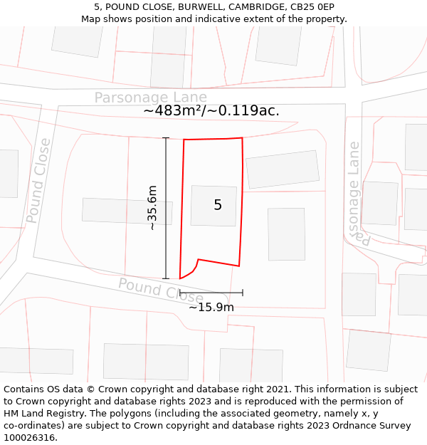 5, POUND CLOSE, BURWELL, CAMBRIDGE, CB25 0EP: Plot and title map