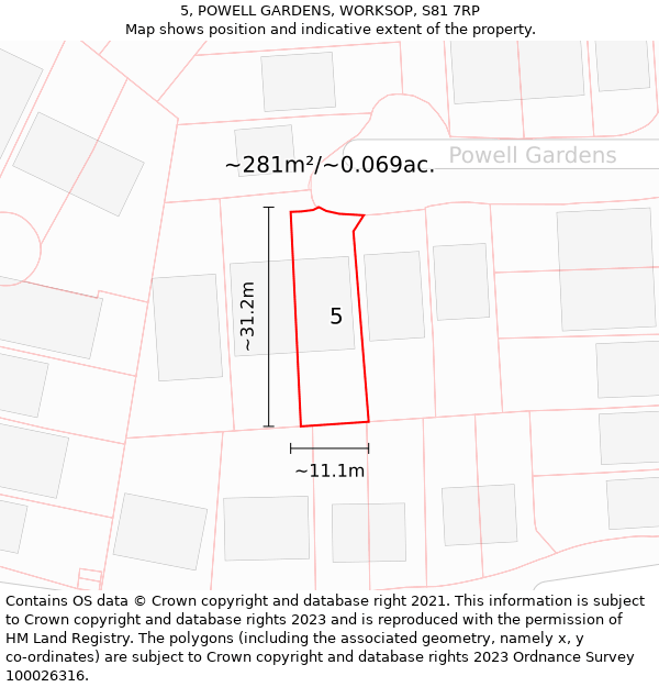 5, POWELL GARDENS, WORKSOP, S81 7RP: Plot and title map