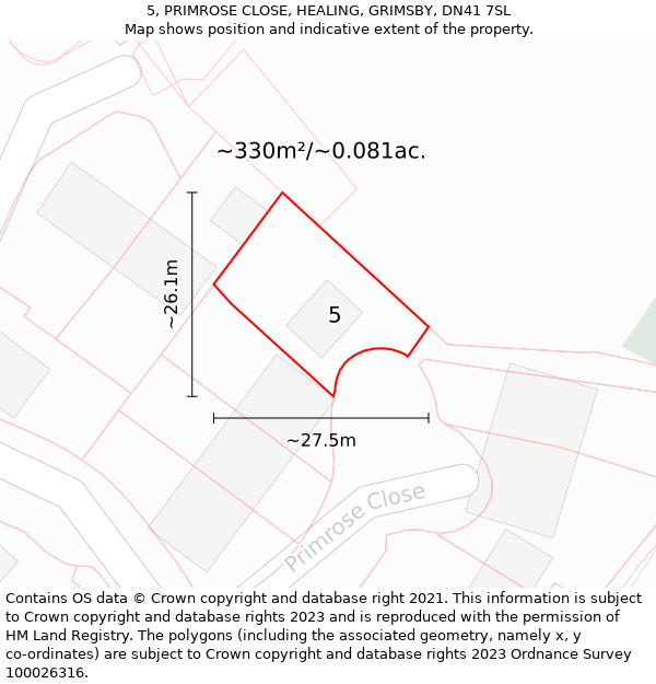 5, PRIMROSE CLOSE, HEALING, GRIMSBY, DN41 7SL: Plot and title map