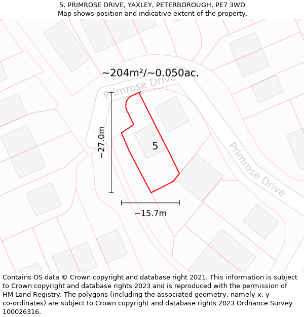 5, PRIMROSE DRIVE, YAXLEY, PETERBOROUGH, PE7 3WD: Plot and title map