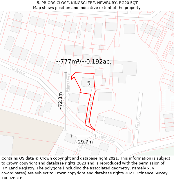 5, PRIORS CLOSE, KINGSCLERE, NEWBURY, RG20 5QT: Plot and title map