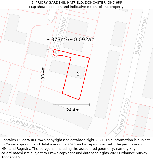 5, PRIORY GARDENS, HATFIELD, DONCASTER, DN7 6RP: Plot and title map