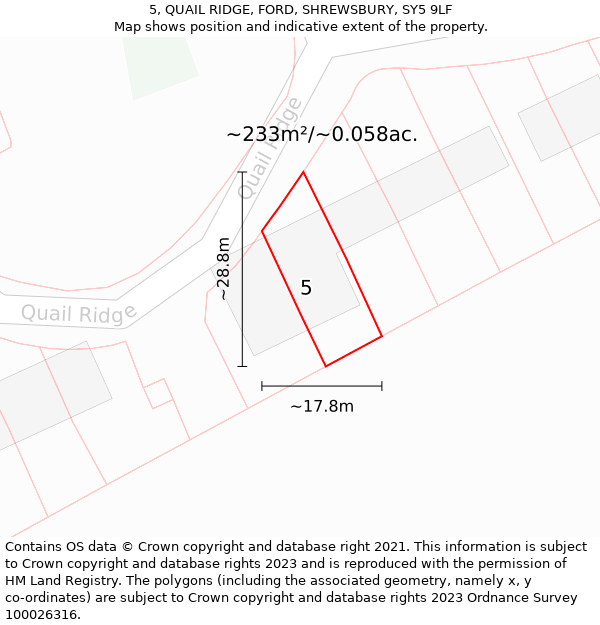 5, QUAIL RIDGE, FORD, SHREWSBURY, SY5 9LF: Plot and title map