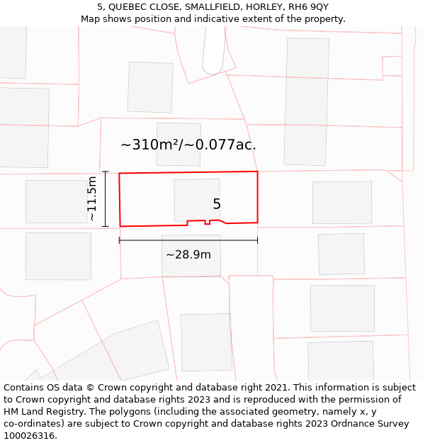 5, QUEBEC CLOSE, SMALLFIELD, HORLEY, RH6 9QY: Plot and title map