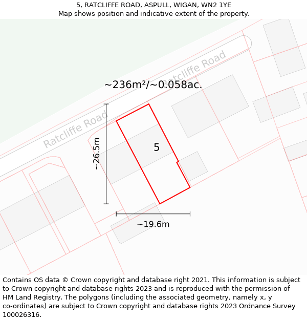 5, RATCLIFFE ROAD, ASPULL, WIGAN, WN2 1YE: Plot and title map