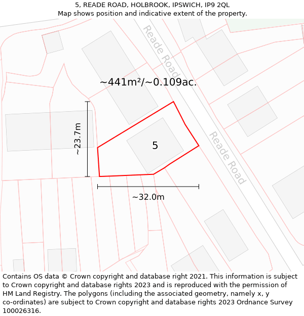 5, READE ROAD, HOLBROOK, IPSWICH, IP9 2QL: Plot and title map