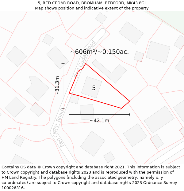 5, RED CEDAR ROAD, BROMHAM, BEDFORD, MK43 8GL: Plot and title map