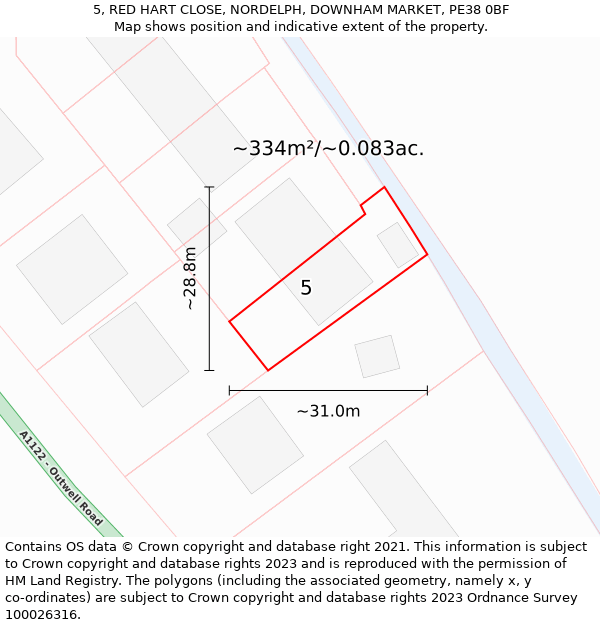 5, RED HART CLOSE, NORDELPH, DOWNHAM MARKET, PE38 0BF: Plot and title map