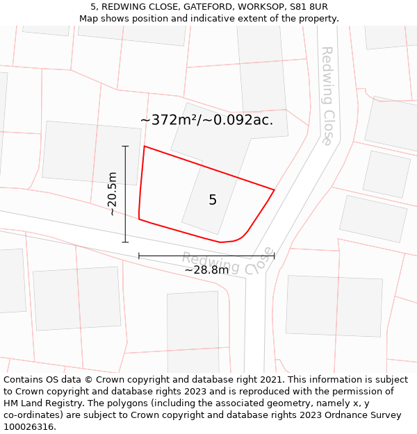 5, REDWING CLOSE, GATEFORD, WORKSOP, S81 8UR: Plot and title map