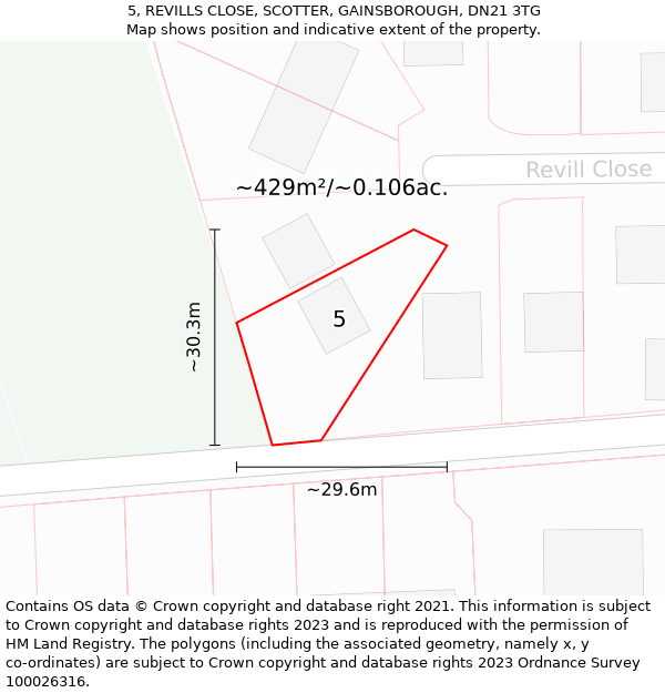 5, REVILLS CLOSE, SCOTTER, GAINSBOROUGH, DN21 3TG: Plot and title map