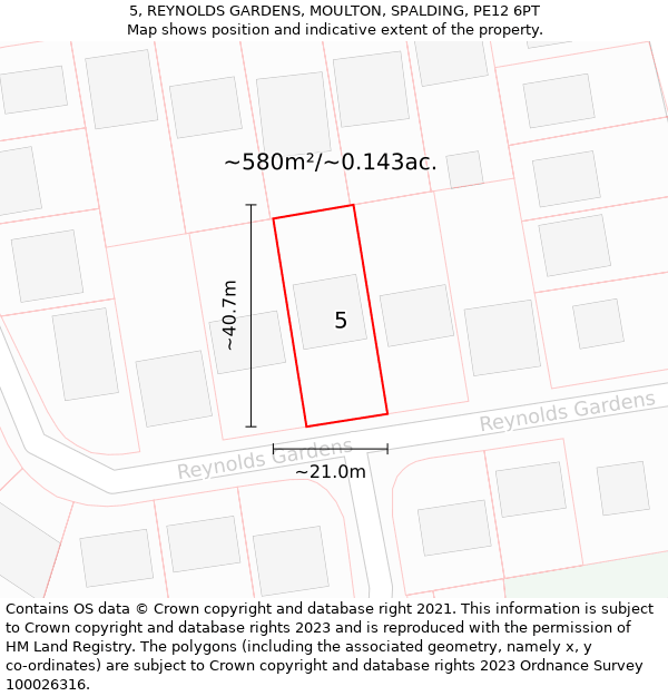 5, REYNOLDS GARDENS, MOULTON, SPALDING, PE12 6PT: Plot and title map