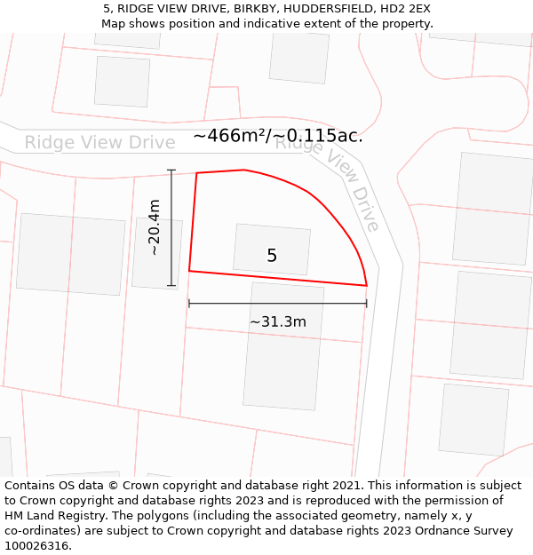 5, RIDGE VIEW DRIVE, BIRKBY, HUDDERSFIELD, HD2 2EX: Plot and title map