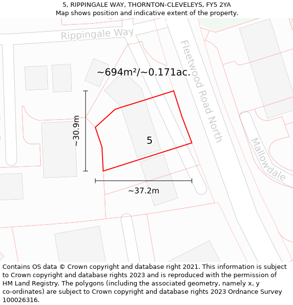 5, RIPPINGALE WAY, THORNTON-CLEVELEYS, FY5 2YA: Plot and title map