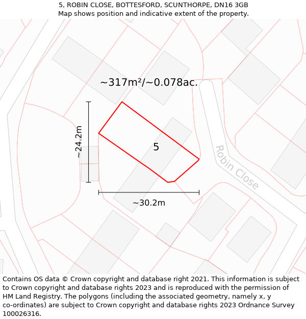 5, ROBIN CLOSE, BOTTESFORD, SCUNTHORPE, DN16 3GB: Plot and title map