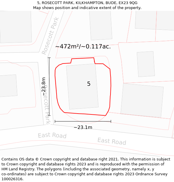 5, ROSECOTT PARK, KILKHAMPTON, BUDE, EX23 9QG: Plot and title map