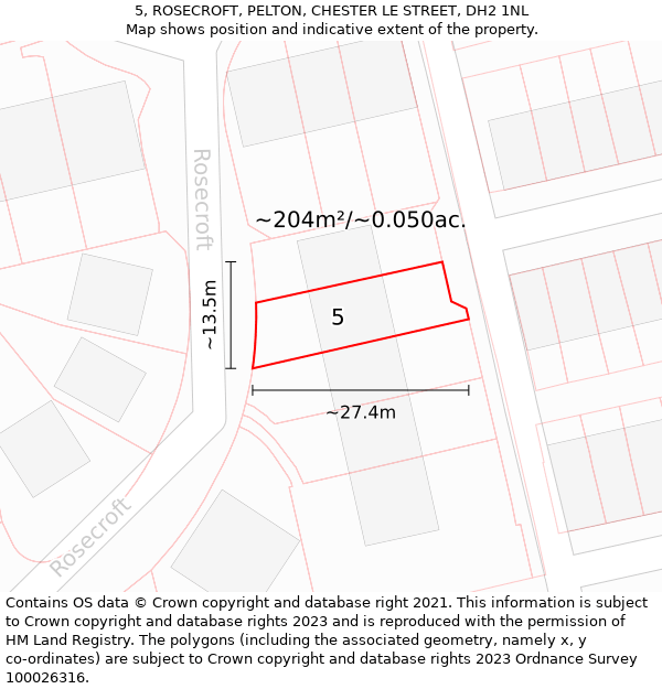 5, ROSECROFT, PELTON, CHESTER LE STREET, DH2 1NL: Plot and title map