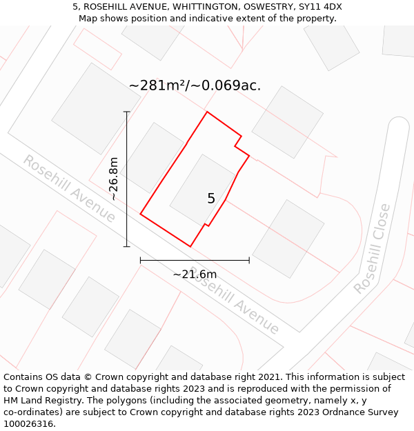 5, ROSEHILL AVENUE, WHITTINGTON, OSWESTRY, SY11 4DX: Plot and title map