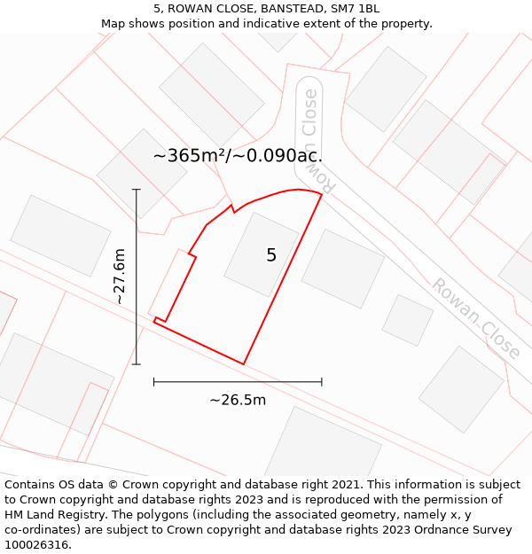 5, ROWAN CLOSE, BANSTEAD, SM7 1BL: Plot and title map