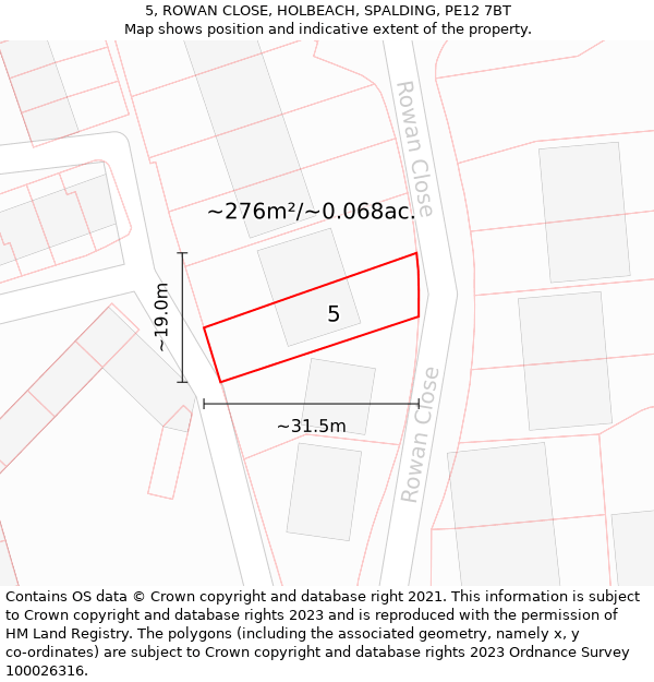 5, ROWAN CLOSE, HOLBEACH, SPALDING, PE12 7BT: Plot and title map