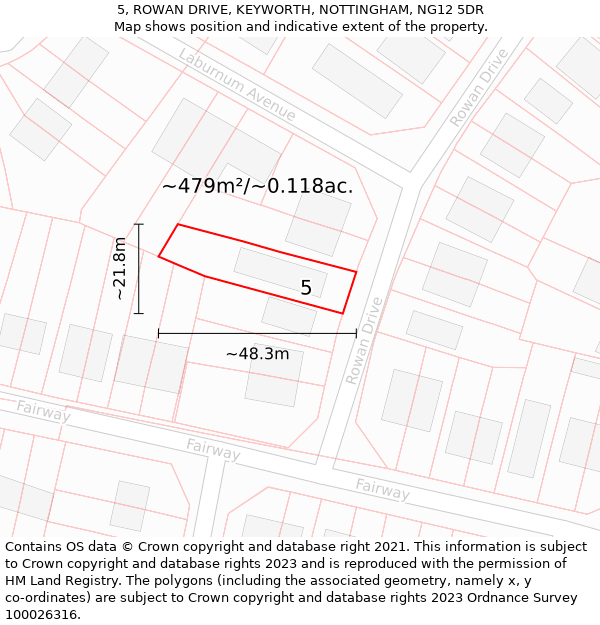 5, ROWAN DRIVE, KEYWORTH, NOTTINGHAM, NG12 5DR: Plot and title map