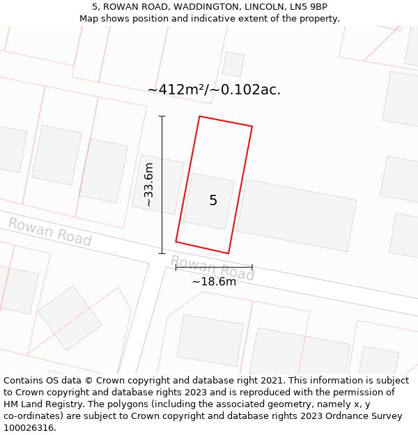 5, ROWAN ROAD, WADDINGTON, LINCOLN, LN5 9BP: Plot and title map