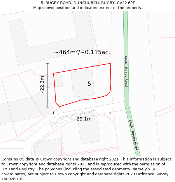 5, RUGBY ROAD, DUNCHURCH, RUGBY, CV22 6PF: Plot and title map