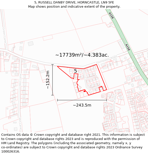 5, RUSSELL DANBY DRIVE, HORNCASTLE, LN9 5FE: Plot and title map