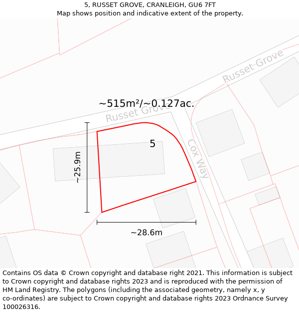 5, RUSSET GROVE, CRANLEIGH, GU6 7FT: Plot and title map