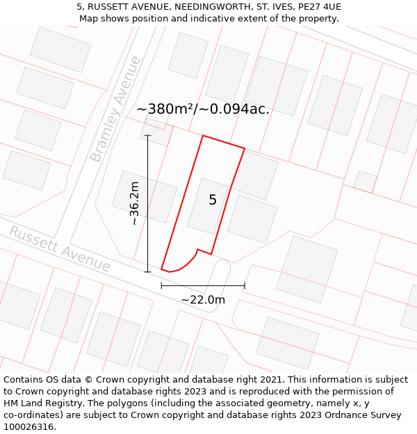 5, RUSSETT AVENUE, NEEDINGWORTH, ST. IVES, PE27 4UE: Plot and title map