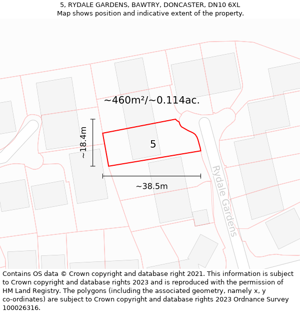 5, RYDALE GARDENS, BAWTRY, DONCASTER, DN10 6XL: Plot and title map