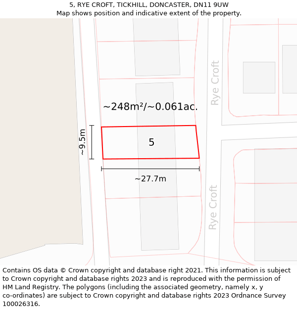 5, RYE CROFT, TICKHILL, DONCASTER, DN11 9UW: Plot and title map