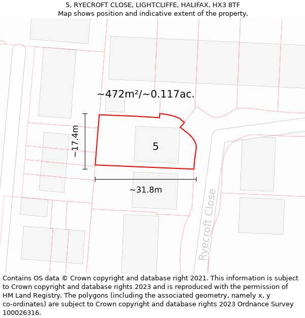 5, RYECROFT CLOSE, LIGHTCLIFFE, HALIFAX, HX3 8TF: Plot and title map