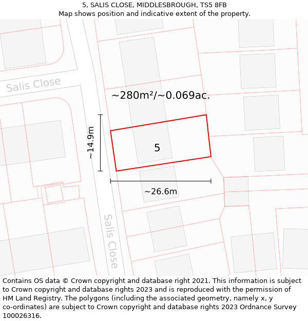 5, SALIS CLOSE, MIDDLESBROUGH, TS5 8FB: Plot and title map