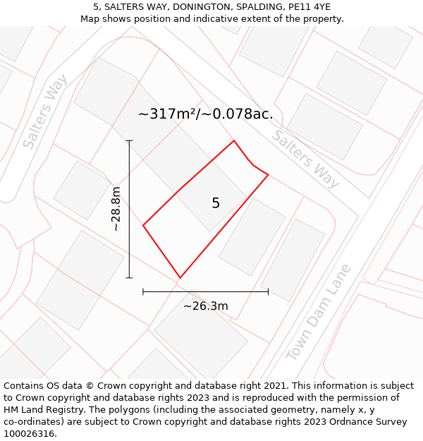 5, SALTERS WAY, DONINGTON, SPALDING, PE11 4YE: Plot and title map