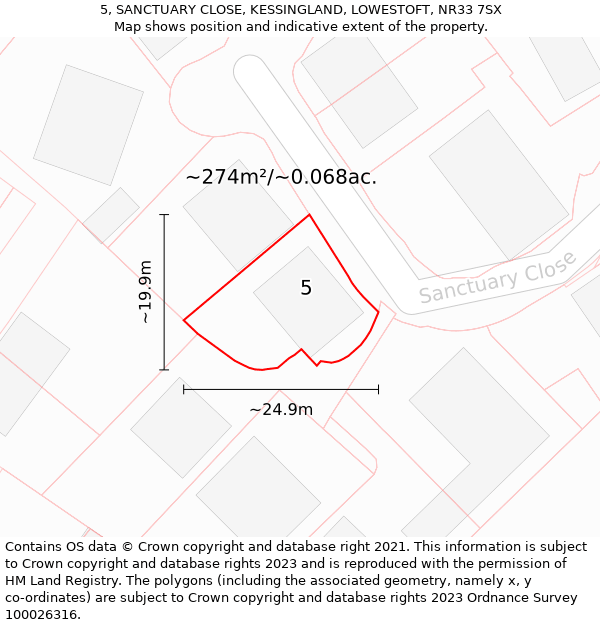 5, SANCTUARY CLOSE, KESSINGLAND, LOWESTOFT, NR33 7SX: Plot and title map