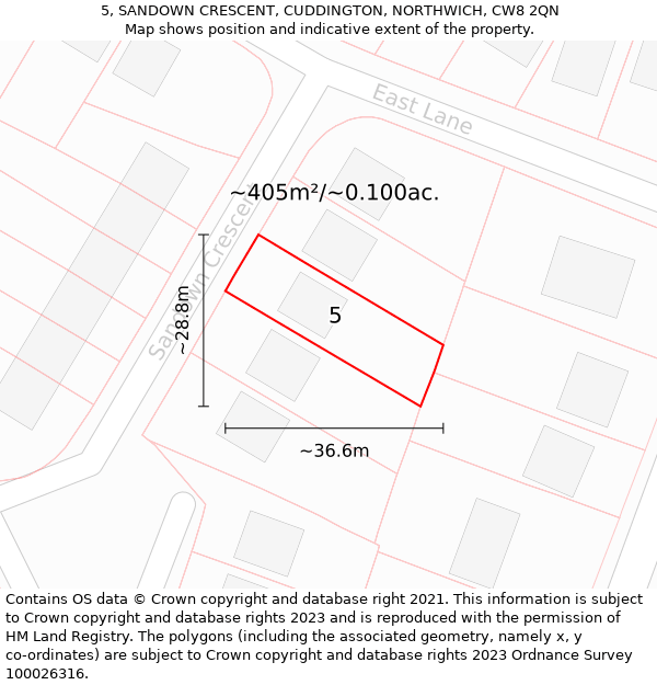 5, SANDOWN CRESCENT, CUDDINGTON, NORTHWICH, CW8 2QN: Plot and title map