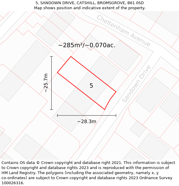 5, SANDOWN DRIVE, CATSHILL, BROMSGROVE, B61 0SD: Plot and title map