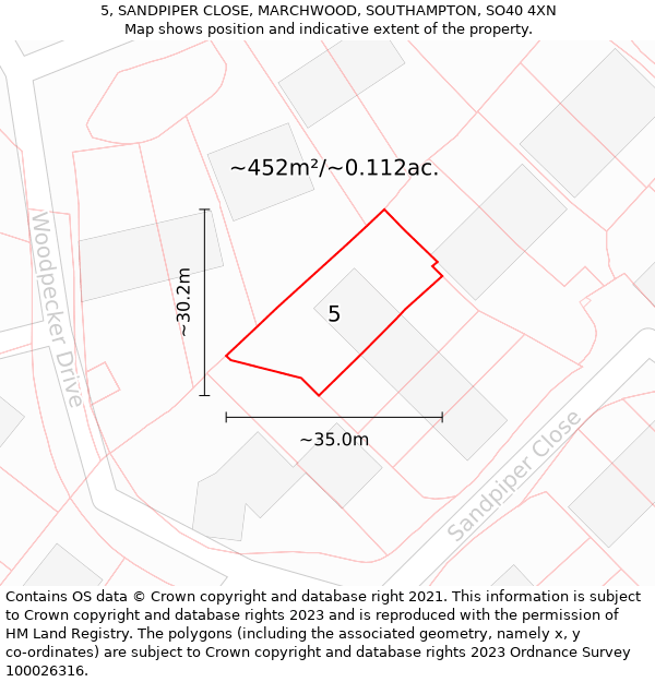 5, SANDPIPER CLOSE, MARCHWOOD, SOUTHAMPTON, SO40 4XN: Plot and title map