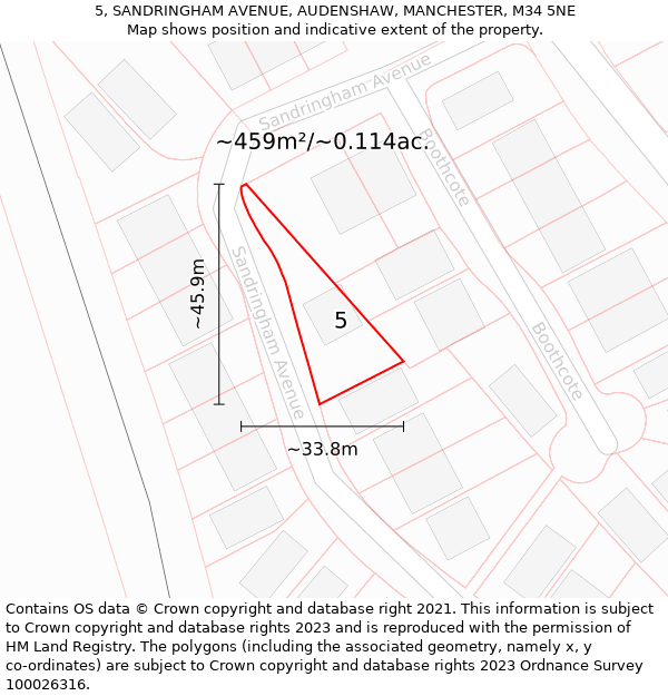 5, SANDRINGHAM AVENUE, AUDENSHAW, MANCHESTER, M34 5NE: Plot and title map