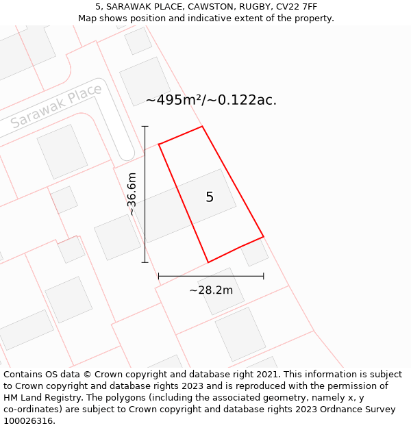 5, SARAWAK PLACE, CAWSTON, RUGBY, CV22 7FF: Plot and title map