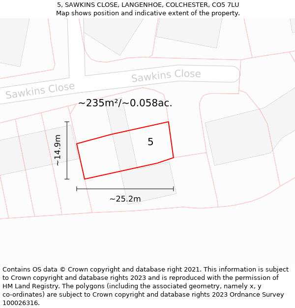 5, SAWKINS CLOSE, LANGENHOE, COLCHESTER, CO5 7LU: Plot and title map