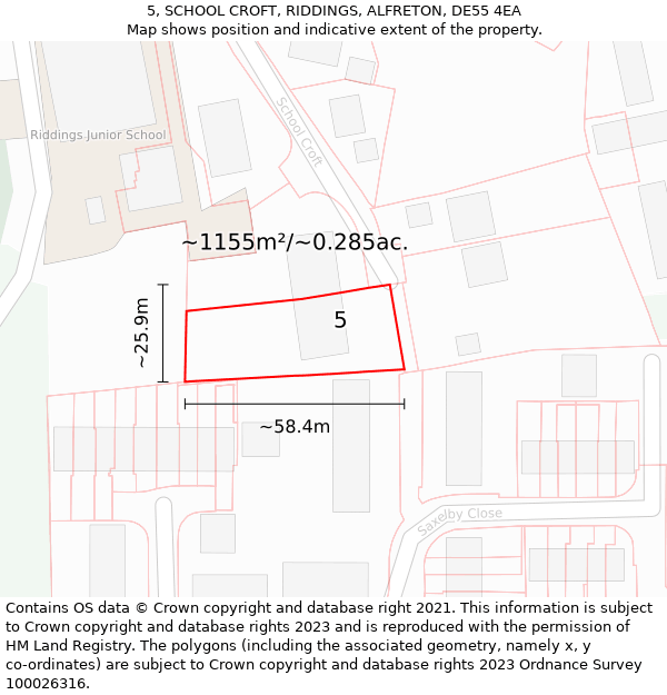 5, SCHOOL CROFT, RIDDINGS, ALFRETON, DE55 4EA: Plot and title map