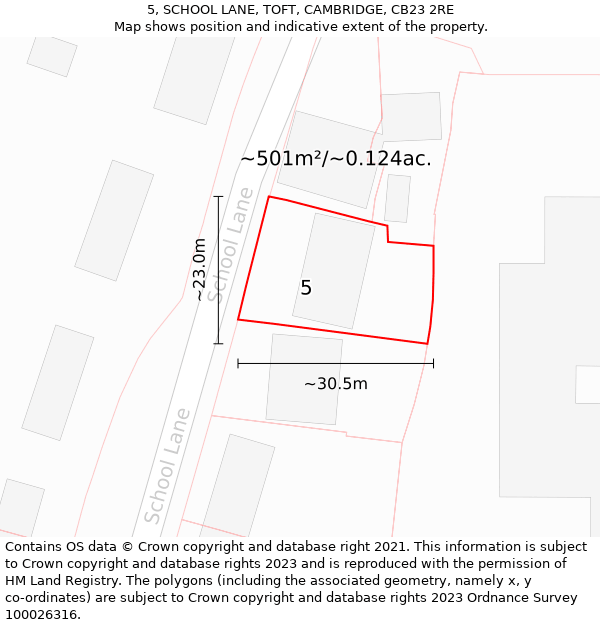 5, SCHOOL LANE, TOFT, CAMBRIDGE, CB23 2RE: Plot and title map