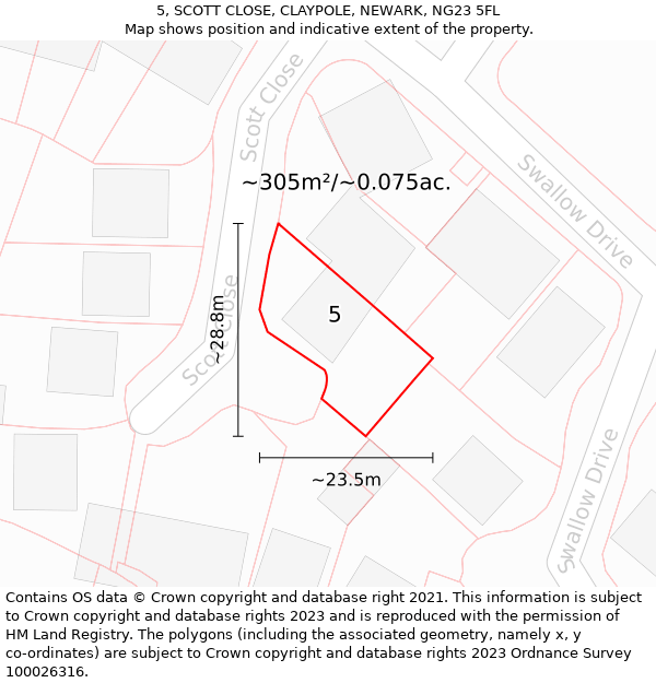 5, SCOTT CLOSE, CLAYPOLE, NEWARK, NG23 5FL: Plot and title map