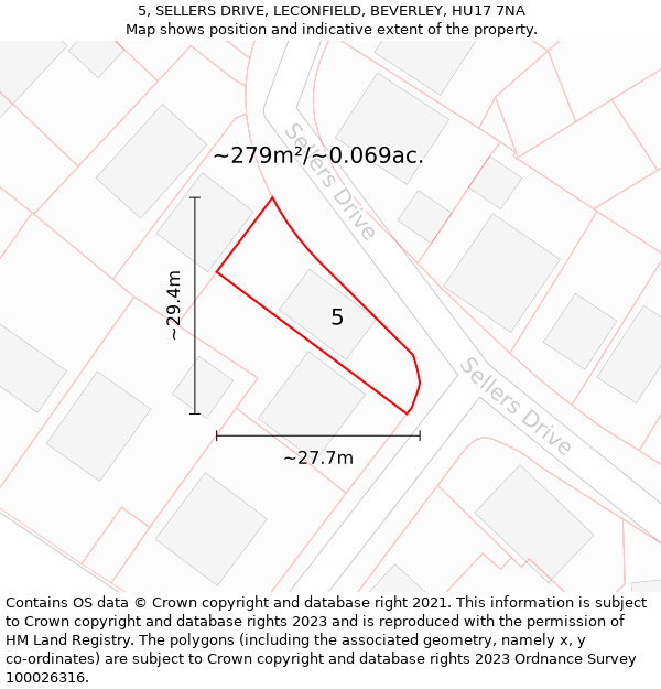 5, SELLERS DRIVE, LECONFIELD, BEVERLEY, HU17 7NA: Plot and title map