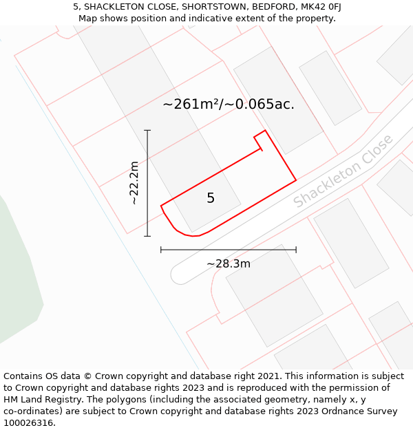 5, SHACKLETON CLOSE, SHORTSTOWN, BEDFORD, MK42 0FJ: Plot and title map