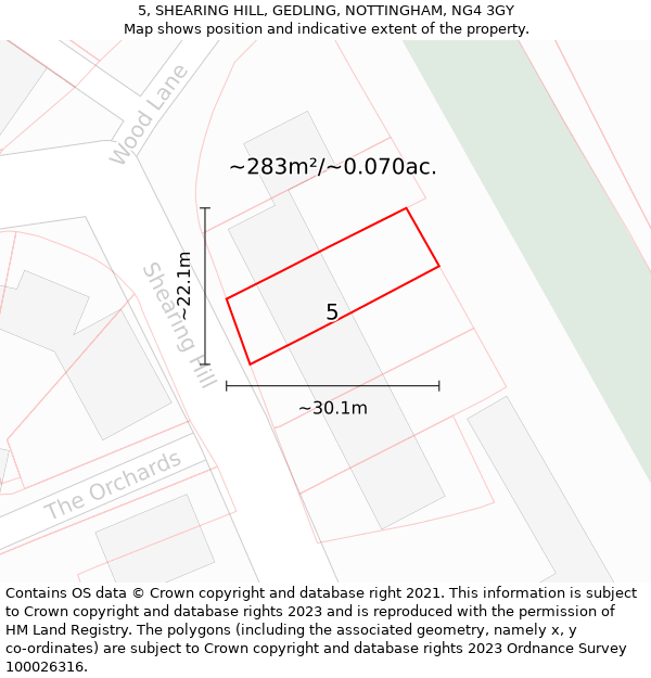 5, SHEARING HILL, GEDLING, NOTTINGHAM, NG4 3GY: Plot and title map